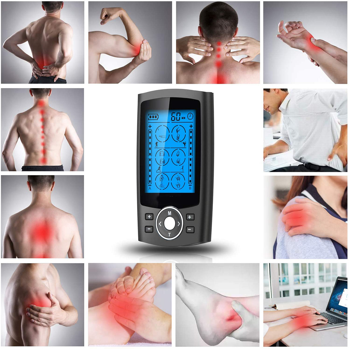 Électrostimulateur tens Anti-Douleur et électrostimulation Musculaire EMS - 24 programmes de Massage + sortie double canal（Noir )